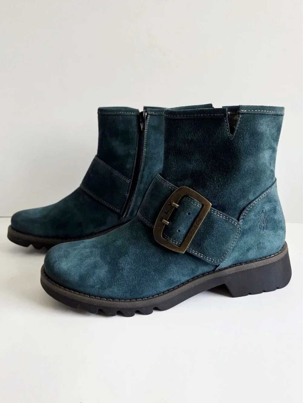 NWOT Fly London Rily Bootie "Oil Suede Petrol" / Teal, Big Buckle Sz 40, 9-9.5 - Picture 3 of 15